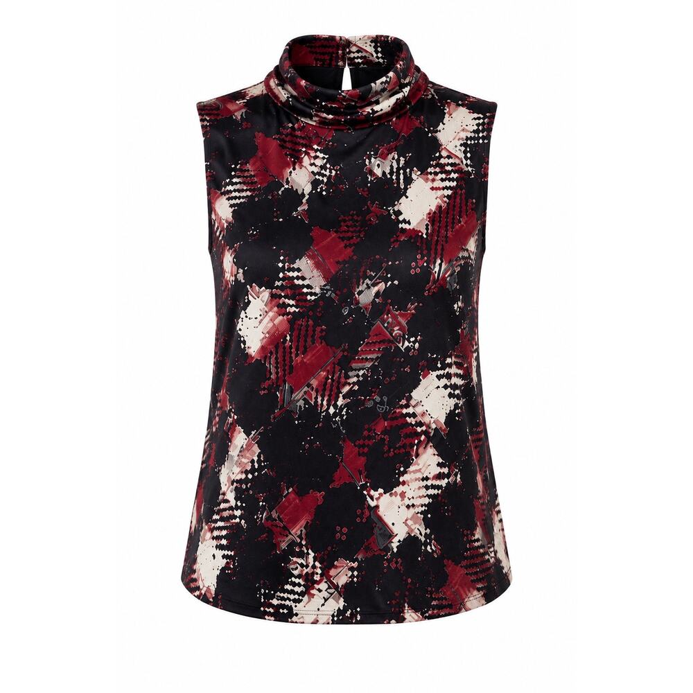 St. John Silk Blend Sleeveless Mock Neck Top Abstract Print Burgundy Black Sz 6